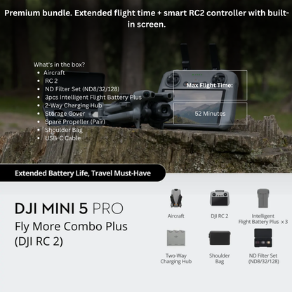 DJI Mini 5 Pro Fly More Combo Plus (RC 2) Drone 4K HDR Camera 3-Axis Gimbal, 34-Min Max Flight Time, Lightweight Foldable Design, Intelligent Obstacle Avoidance, GPS Return Home, ActiveTrack, QuickShots for Professional Aerial Photography & Videography