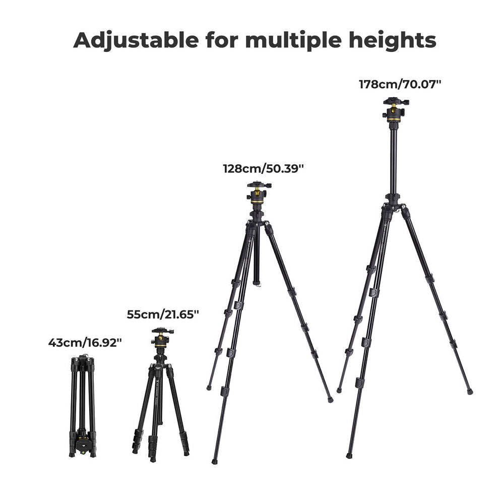 K&F Concept K234A3 Aluminum Camera Tripod with Arca-Type Quick Release Ball Head & Smartphone Holder - 178cm Max Height, 8kg Load Capacity, 4-Section Legs with Flip Locks