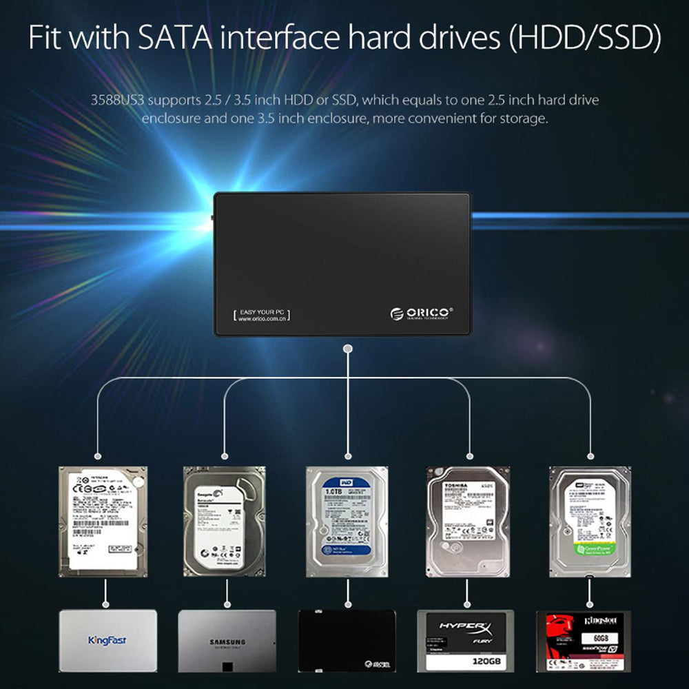 ORICO 3.5-Inch SATA HDD/SSD Hard Drive Enclosure 5GBPS with USB 3.0 Data Cable - Supports 10TB Storage & Windows, MacOS & Linux Systems for PCs, Computer Desktops & Laptops