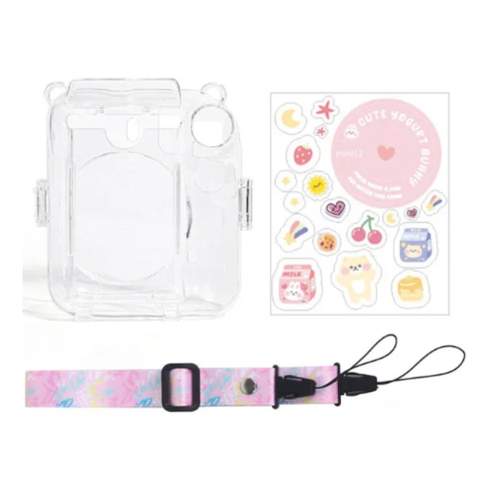 Pikxi 3-in-1 Clear Instant Camera Case for FUJIFILM Instax Mini 12 Film Cameras with Cartoon Patch Sticker Set and Body Strap - Available in Blossom Pink, Pastel Blue, Clay White, Lilac Purple, and Mint Green Color