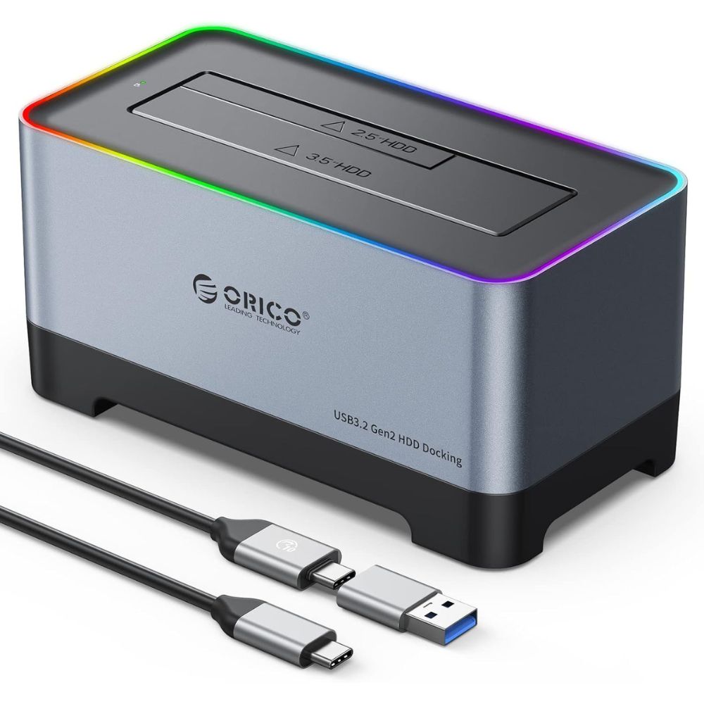 ORICO 2.5-3.5" SATA SSD/HDD to USB 3.2 Gen 2 Type-C RGB Hard Drive Docking Station with 10Gbps Transmission Rate, 18TB Supported Storage Per Bay, 2-in-1 Data Cable for Computer Desktops & Laptops (Windows, MacOS & Linux)