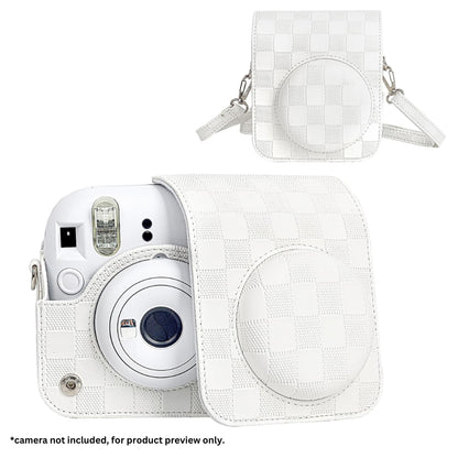 Pikxi BMS12 Fujifilm Instax Mini 12 PU Checkered Style Silicone Rubber Protective Camera Case Bag with Shoulder Strap - Clay White