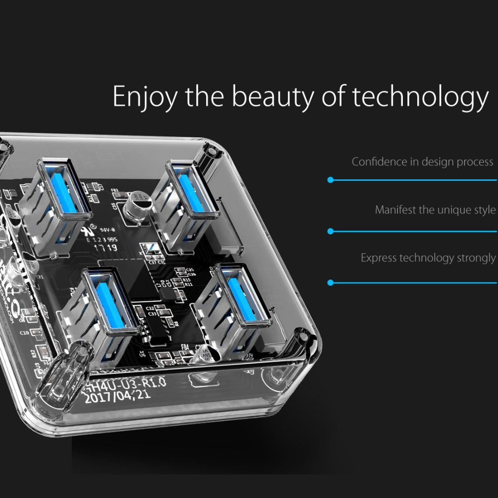 ORICO 4-Port USB 3.0 Transparent Hub with Power Supply, 5Gbps Speed, and Support for Windows, macOS, and Linux for PCs, Desktop Computers, and Laptops - USB Hubs and Docking Stations