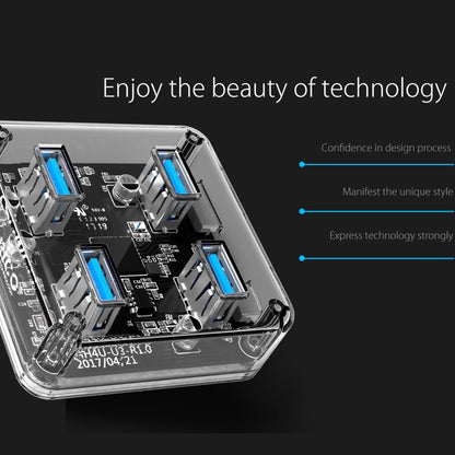 ORICO 4-Port USB 3.0 Transparent Hub with Power Supply, 5Gbps Speed, and Support for Windows, macOS, and Linux for PCs, Desktop Computers, and Laptops - USB Hubs and Docking Stations