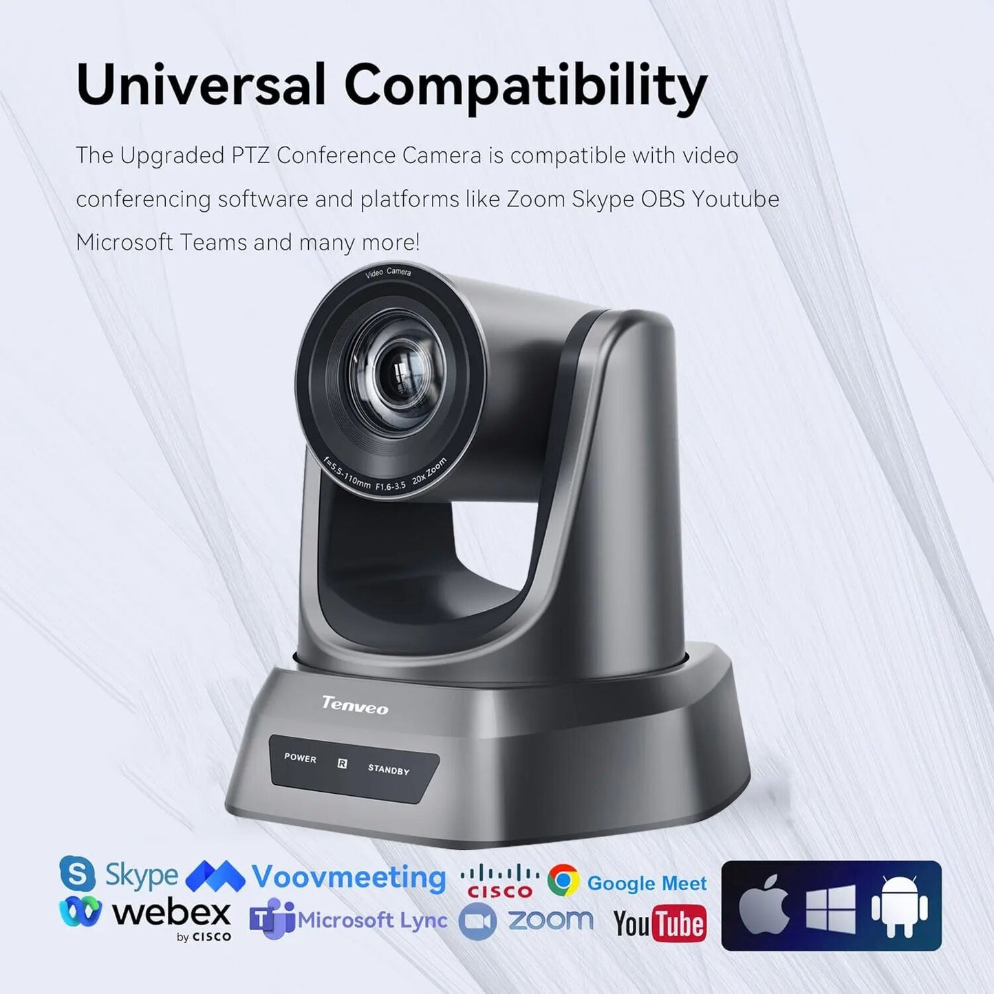 Tenveo TEVO NV20U / NV20H 1080p @ 60fps PTZ Video Conference HD Web Camera with USB 2.0 / HDMI Video Output, 175 Degree Pan, 90 Degree Tilt  and 20X Optical Zoom