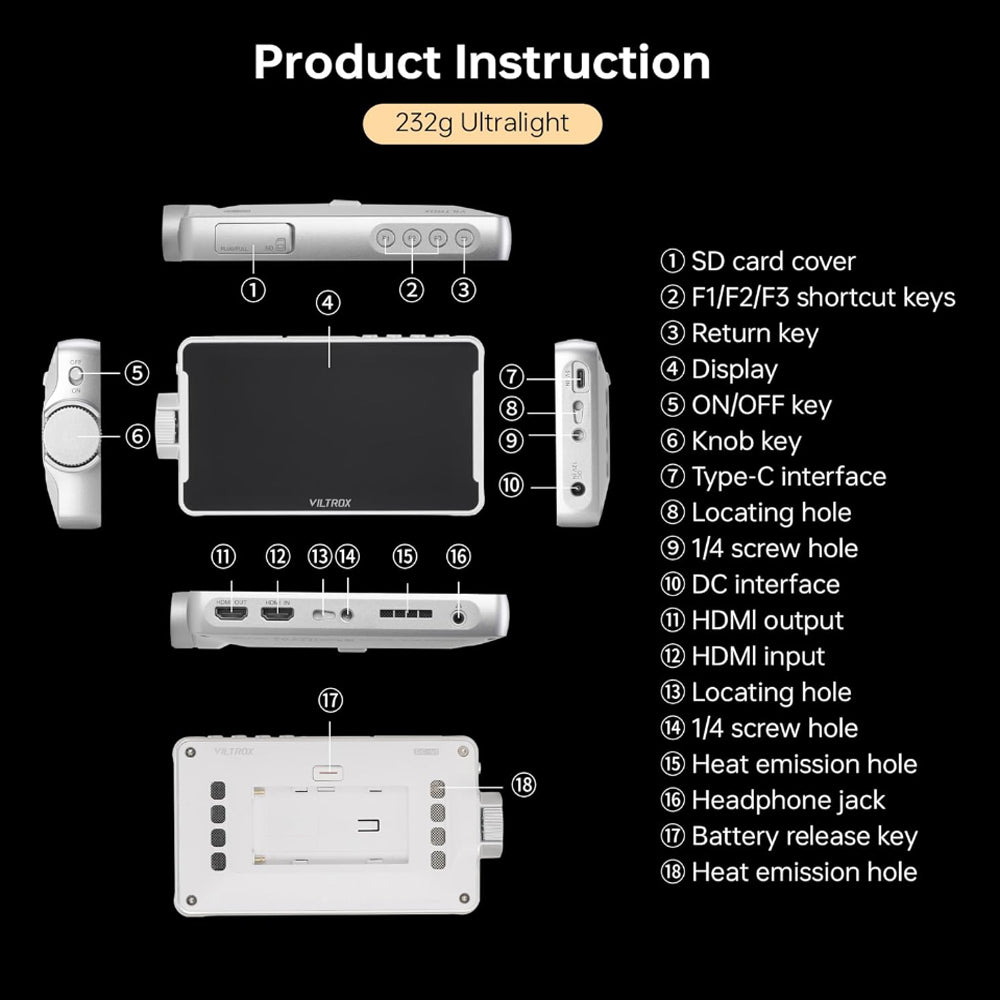 Viltrox DC-V1 5.5" On-Camera IPS Touchscreen Video Camera Monitor with 4K 60Hz, 1920 x 1080 Resolution, HDMI Input / Output, 3D LUTs, USB Type-C Power, Built-in  Management Tools and L-Series Battery for Content Creation