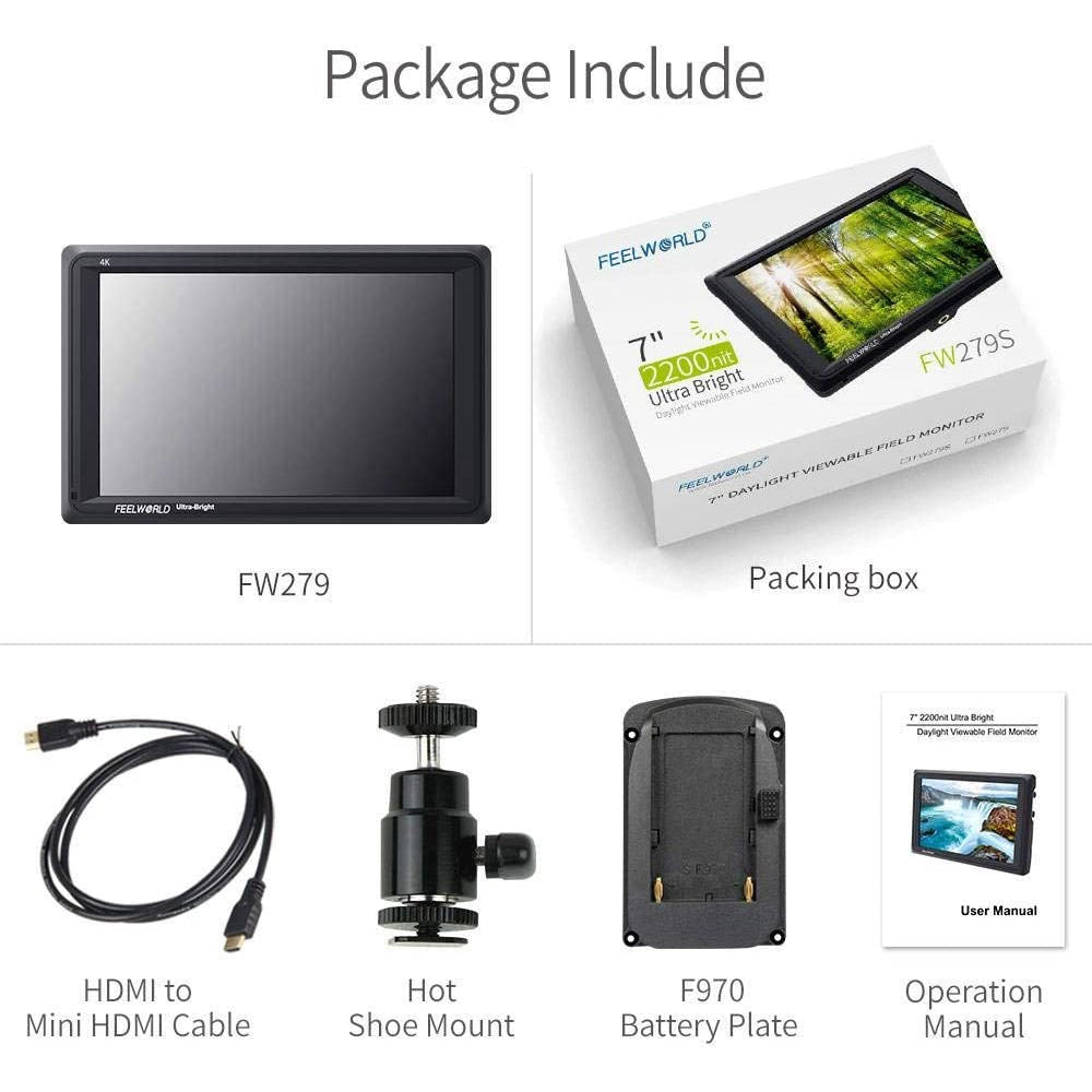FEELWORLD FW279 7 Inch On Camera DSLR Field Monitor Full HD Focus Video Assist 1920x1200 IPS with 4K HDMI Input Output 2200nit High Brightness