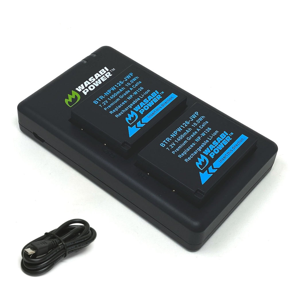 Wasabi Power NP-W126 NPW126 (2 Pack) 7.2V 1400mAh Battery & Dual USB Charger Kit w/ Power Indicators for Fujifilm HS30EXR, X-A1 X-A5 X-A10, X-E1 X-E2 X-E2s X-E4, X-H1, X-M1, X-Pro1 X-Pro2 X-Pro3, X100F X100V Mirrorless Camera