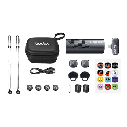 Godox Cube-S Kit 2 2-Person (2 TX + RX) 2.4GHz Wireless Lavalier Microphone System Bundle Set with Dual Channel Receiver and 850mAh Charging Case, Noise Reduction, Max 300m Operatiol Range and Godox Mic App Support | USB-C, L Type