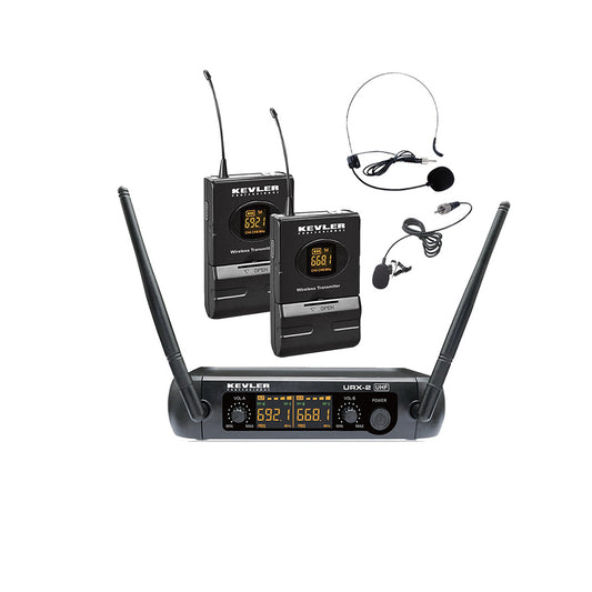 KEVLER URX-2 Series Dual UHF Beltpack Lapel / Handheld Wireless Microphone with Antenna Receiver, Digital LCD Display and Low Battery Indicator, Selectable Frequencies and Max 30M Signal Range | URX-2B, URX-2H