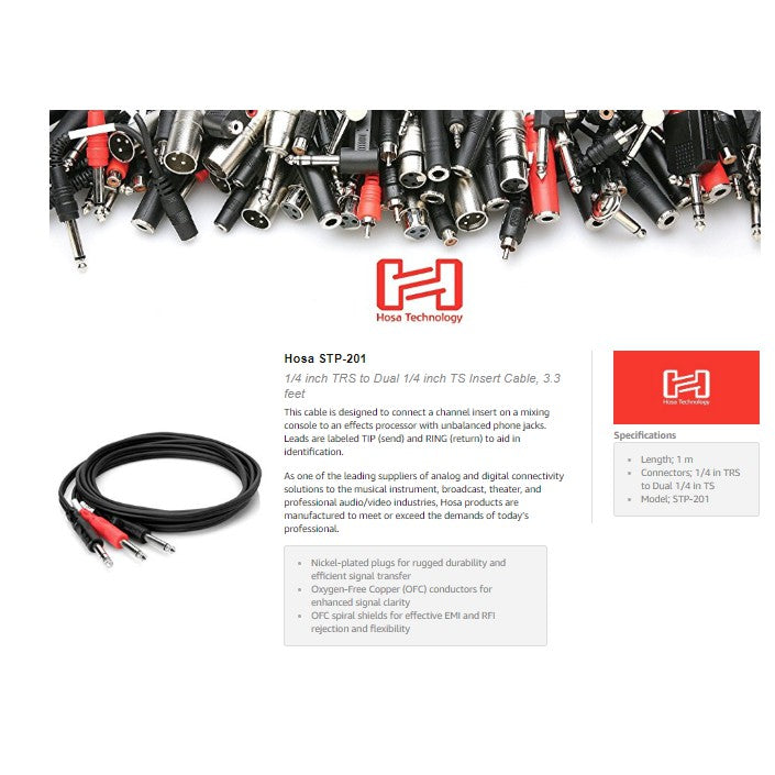 Hosa Technology Stereo 1/4" Male to 2 Mono 1/4" Male Insert Y-Cable - 3.3'
