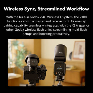 Godox V100 Series Round Head Camera Flash, Auto Zoom Control with 28-105mm Range, -7 to 120° Tilt / 330° Rotation, Advanced Cooling System, Built-In LED Touch Screen Controls for Professiol Photography and Studio Lighting Equipment