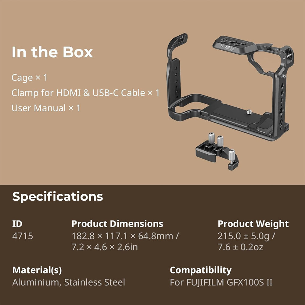 SmallRig Camera Cage Kit for FUJIFILM GFX100S II with Cable Clamp -  Arca-Type Baseplate, Aerospace-Grade Aluminum Alloy, Three-Point Locking System, Multiple Mounting Options, Unobstructed Access to Ports & Flip Screen | 4715