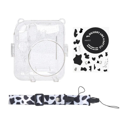 [CLEARANCE] Pikxi 3-in-1 Transparent Glitter Instant Camera Case for FUJIFILM Instax Mini 12 Film Cameras with Cartoon Patch Sticker Set and Body Strap