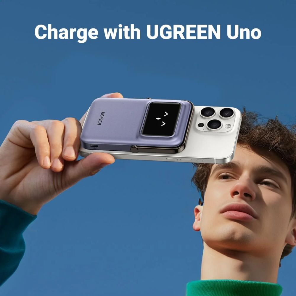 UGREEN Uno 5000mAh Magnetic Wireless Power Bank, 7.5W Wireless, 20W USB-C PD, TFT Display | PB571