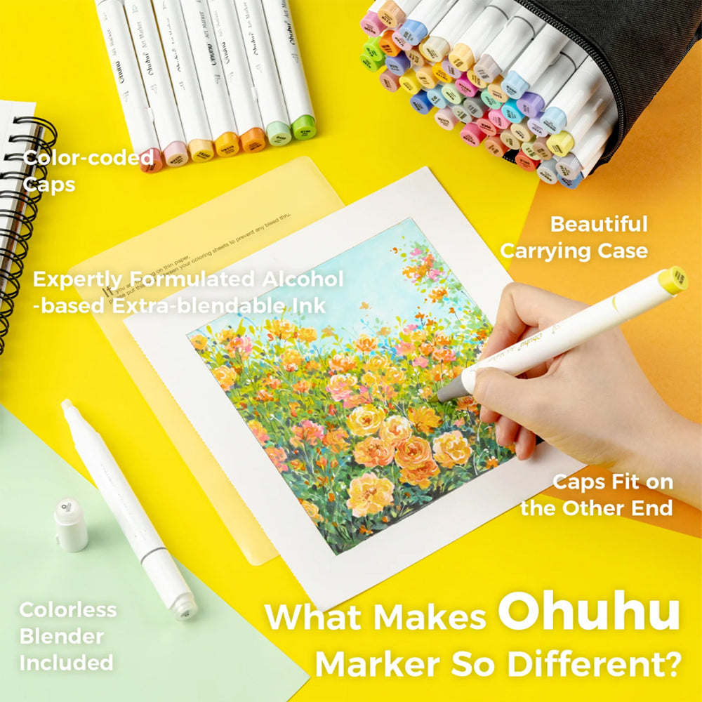 Ohuhu Honolulu Series Alcohol Based 48 Mid-Tone Colors plus Colorless Blender Dual Tipped Brush Markers for Coloring and Illustration for Kids and Adults (Brush and Chisel) Y30-80403-66