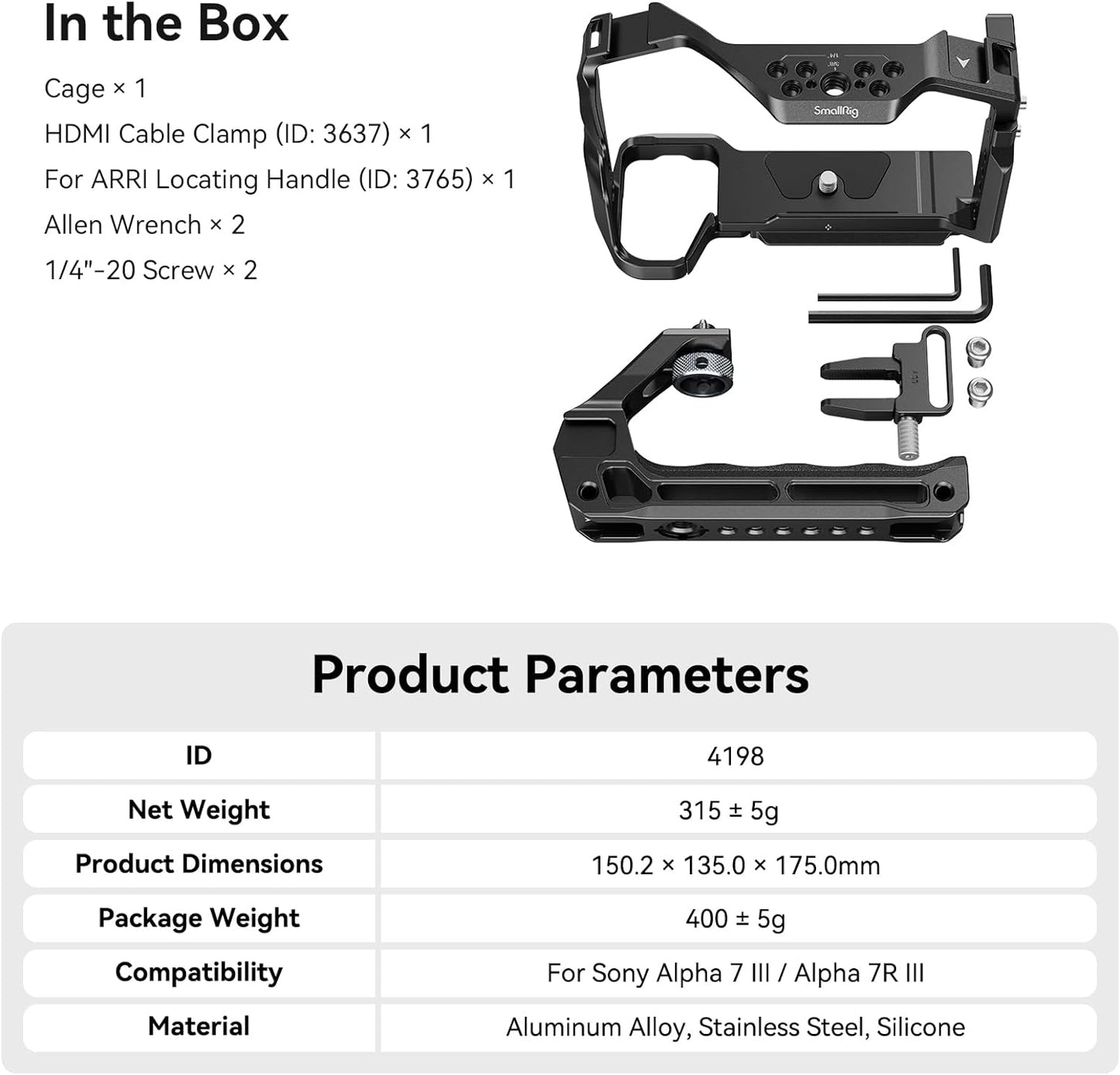 SmallRig Aluminum Full Camera Cage Kit for Sony a7 III & a7R III Full-Frame Mirrorless Cameras with Top Handle, HDMI Cable Clamp, 1/4"-20 Threaded Holes, ARRI 3/8" -16 Locating Holes, Cold Shoe Mount, NATO Rail, QD Socket Support | 4198