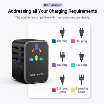 Vention 65W Multi-Port Universal Travel Adapter with GaN Fast Charging USB PD Ports, US/AU/UK/EU Male and Female Plugs for Smartphone, Tablet, Laptop etc. | FJDB0