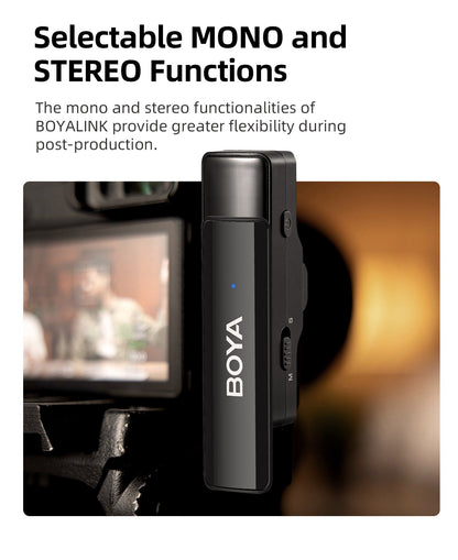 BOYA Boyalink A1 / A2 Multicompatible 2.4GHz Wireless Omnidirectional Microphone System w/ USB Type-C, Lightning, 3.5mm TRS Connectors, Bypass Charging, Noise Reduction, Gain Control, Mono / Stereo, 100M Max Range for Vlogging, Interviews
