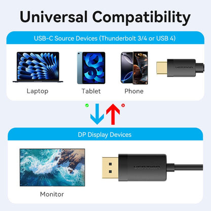 Vention USB-C to DP 4K HD Cable Black 4K/60Hz For Laptop, Phone, Tablet, TV, Projector, Monitor