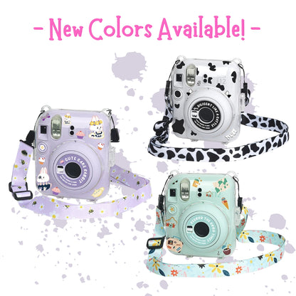 [CLEARANCE] Pikxi 3-in-1 Clear Instant Camera Case for FUJIFILM Instax Mini 12 Film Cameras with Cartoon Patch Sticker Set and Body Strap - Available in Blossom Pink, Pastel Blue, Clay White, Lilac Purple, and Mint Green Color