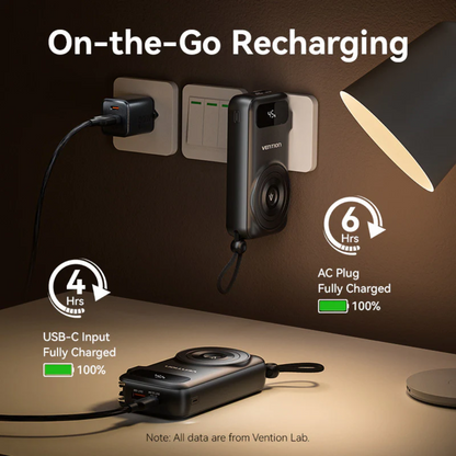 Vention 10000mAh Power Bank 15W Magnetic Wireless Charging Built-in USB-C and iPh Cable includes EU/US/UK AC Convertible Adapters with Airline-Approved for Travel