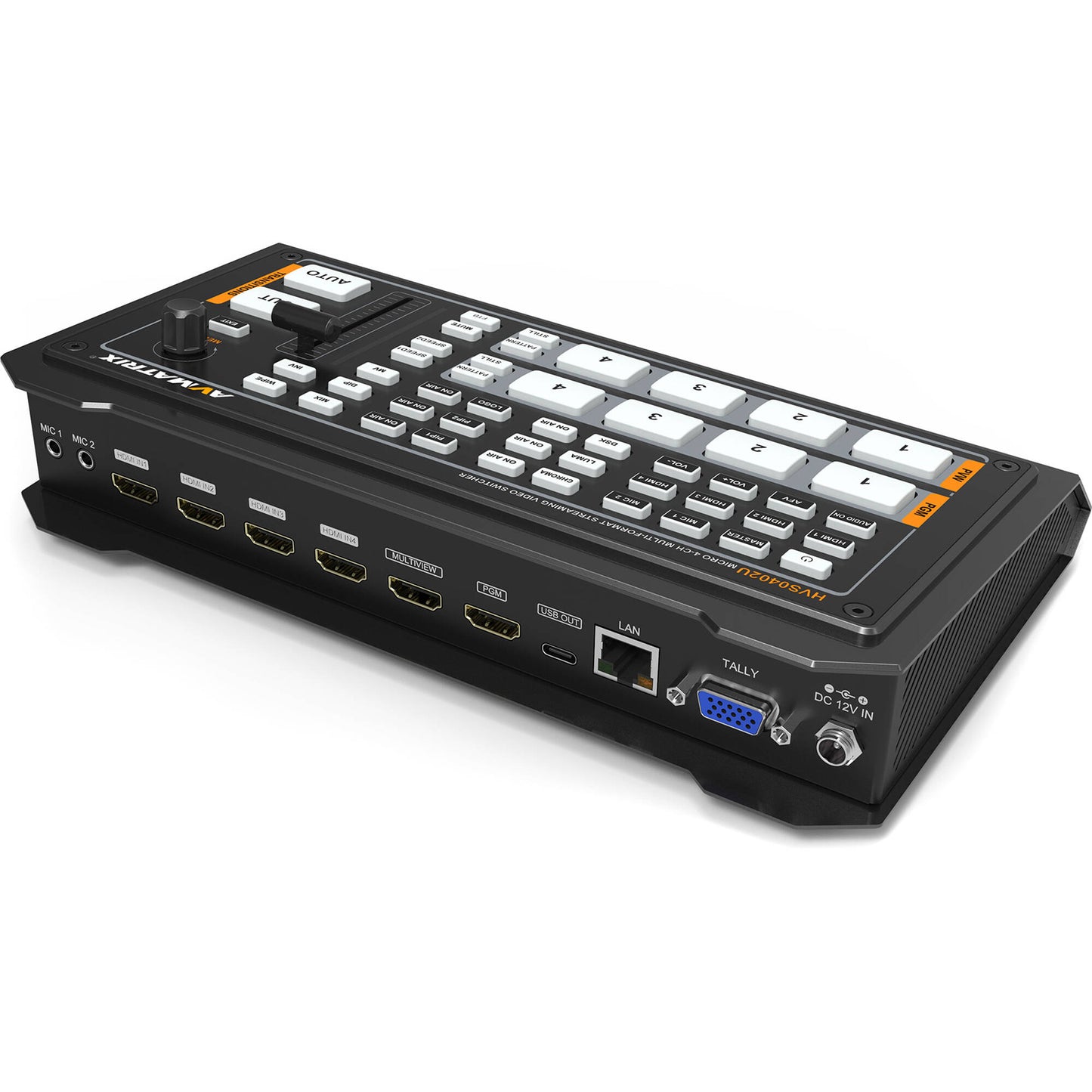 AVMatrix HVS0402U 4 Channel HDMI Live Streaming Video Switcher with T-bar/Auto/Cut Transition Effects, Chroma Key and Luma Key, 2 PIP/POP, 49 Preset Patterns, Audio Mixing/AFV and LAN Port for PC Control Software