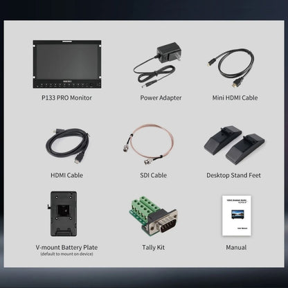 [CLEARANCE] FEELWORLD SEETEC P133 Pro 13.3" IPS HDMI 2.0 / 3G-SDI Broadcast Monitor with 4K @ 60Hz, DVI Input, 1000 NITs, Waveform LUT,  Tally Indicator, 16 Channel Audio Meter, V-Mount Battery Plate and DC Output
