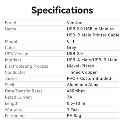 Vention USB 2.0 Male to B Male Printer Cable Gray Aluminum Alloy With All-in-One Devices, Printers, Scanners, Fax (CTT)