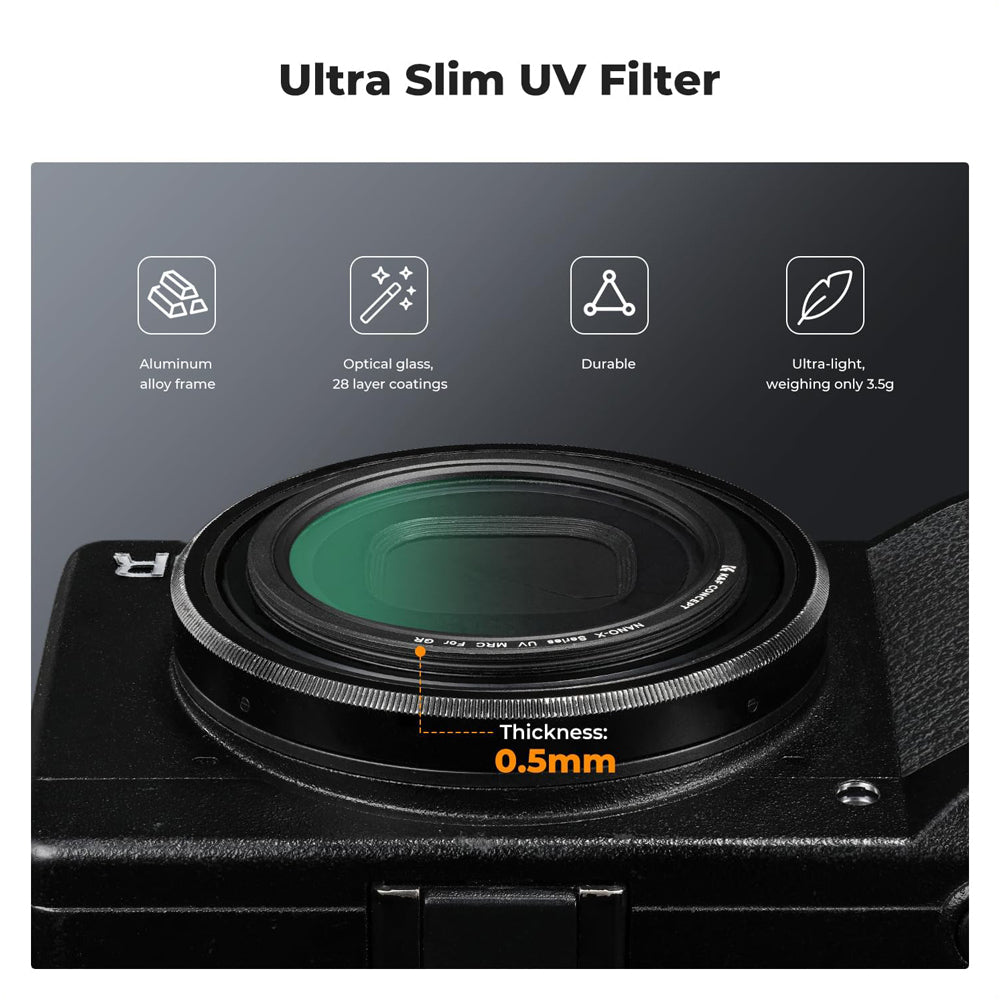 K&F Concept Multi-Coated UV Nano-X Lens Filter for Ricoh GR IIIx, GR IIIx HDF, GR III, GR III HDF and GR II Digital Compact Cameras, 28-Layer Nanometer Coatings, Ultra Thin Slim with Protective Case & Microfiber Cleaning Cloth