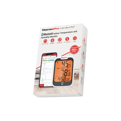 ThermoPro TP358 Hygrometer and Thermometer with Built-in Clock, Bluetooth 5.0, Premium Sensirion 260ft Humidity and Temperature Sensors, Comfort Level Indicator, Backlight and App Support for Indoors and Greenhouse Use