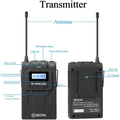 Boya TX8 Pro Dual-channel Wireless Bodypack Transmitter Unit with Omnidirectional Lavalier Mic for the BY-WM8 PRO Wireless Lavalier Microphone System  | JG Superstore