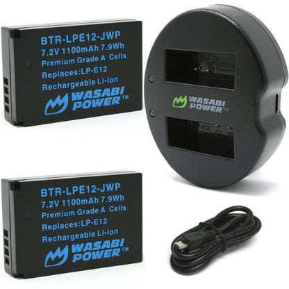 Wasabi Power (2-Pack) Canon LP-E12 LPE12 Battery and Dual Charger with USB-A to Micro USB Charging Cable for Canon EOS M M2 M10 M50 M100 M200 M50 Mark II 100D and PowerShot SX70 HS Digital Camera | JG Superstore