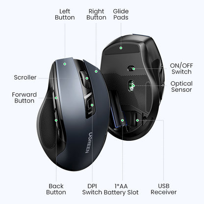 [CLEARANCE] UGREEN 2.4G Wireless Mouse Quiet Silent Click with Max 15m Operational Range, Ergonomic Design with 6 Buttons, Up to 4000 DPI, USB Receiver Dongle for Laptop, PC Desktop Computer Windows 7/8.1/10/11, macOS, Linux, Chrome OS