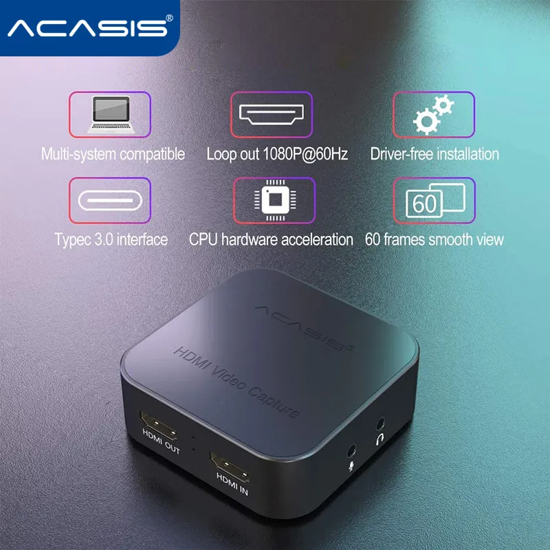 ACASIS HDMI to USB 3.0 Video Capture Card HD 1080p 60fps for PC Gaming Live Streaming with YUY2 Output Color Space, 3.5mm Audio Input, Driver-Free | AC-HDU3H