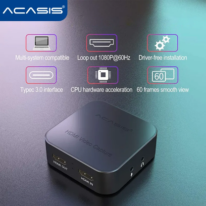 ACASIS HDMI to USB 3.0 Video Capture Card HD 1080p 60fps for PC Gaming Live Streaming with YUY2 Output Color Space, 3.5mm Audio Input, Driver-Free | AC-HDU3H