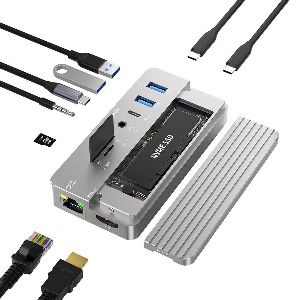 ACASIS CM073 10-in-1 USB Type-C Hub Docking Station with M.2 NVMe SSD Enclosure, TF / SD Card, Ethernet Port, 4K HD  60Hz HDMI, 100W PD Fast Charging, and Supports 10Gbps High Speed Data