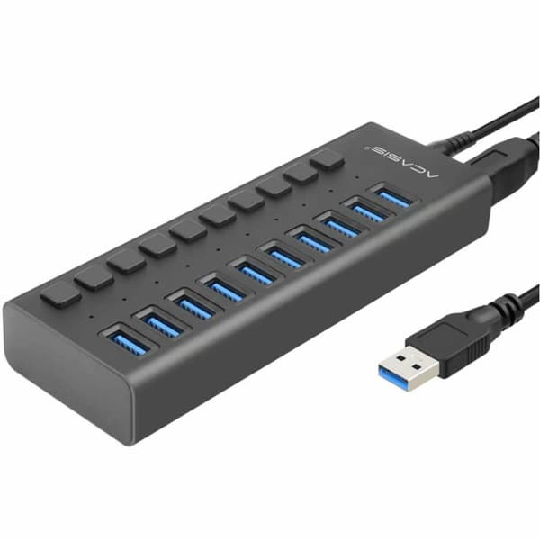 ACASIS HS-710PB 10-Port USB 3.0 Hub Splitter Docking Station with 5Gbps High-Speed Data Transfer Speed, 12V External DC Input with 4A Fast Charging, Individual Power Switches, LED Indicator Light