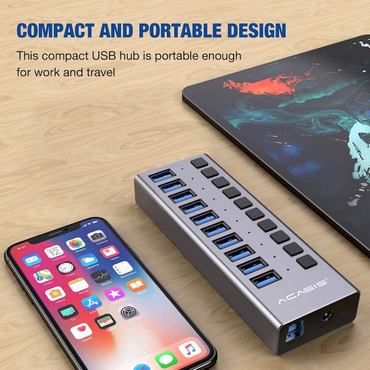 [CLEARANCE] ACASIS HS-710PB 10-Port USB 3.0 Hub Splitter Docking Station with 5Gbps High-Speed Data Transfer Speed, 12V External DC Input with 4A Fast Charging, Individual Power Switches, LED Indicator Light