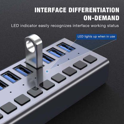 ACASIS HS-710PB 10-Port USB 3.0 Hub Splitter Docking Station with 5Gbps High-Speed Data Transfer Speed, 12V External DC Input with 4A Fast Charging, Individual Power Switches, LED Indicator Light