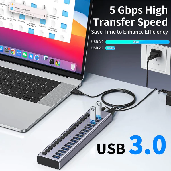 ACASIS 7 / 10 / 13 / 16 Ports USB 3.0 Splitter Docking Station Charging Hub with 5Gbps High-Speed Data, 3A Fast Charging, and 12V External DC Power Adapter | HS-707MG HS-710MG HS-713MG HS-716MG