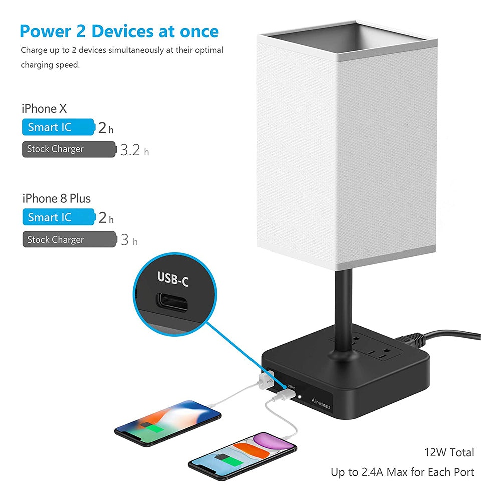 Alimentata Touch Control Bedside Table Lamp with USB C & USB A Charging Port and 2 AC Outlet