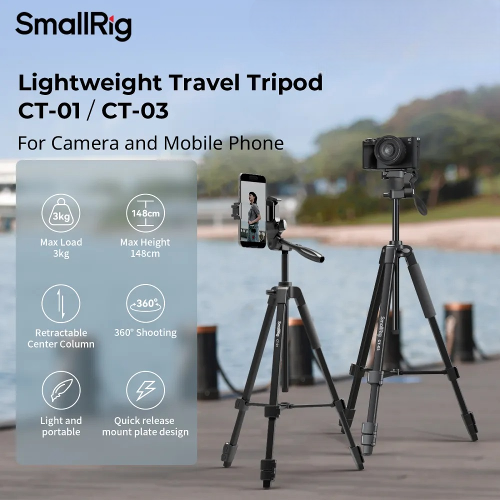 SmallRig CT-01 CT-03 Versatile Lightweight Tripod with up to 3kg Load Capacity, 148cm Height Range, Lever Locked 4-Section Leg, Touch-and-Go Quick-Release Mount Plate for Live Streaming, Vlogging and Outdoor Shooting | 4687 4717