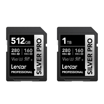 Lexar Professiol 1TB 512GB Silver Pro SDXC V60 U3 UHS-II Class 10 Memory Card with 4K Video Recording, Max 280MB/s Read Speeds for Videography and Photography
