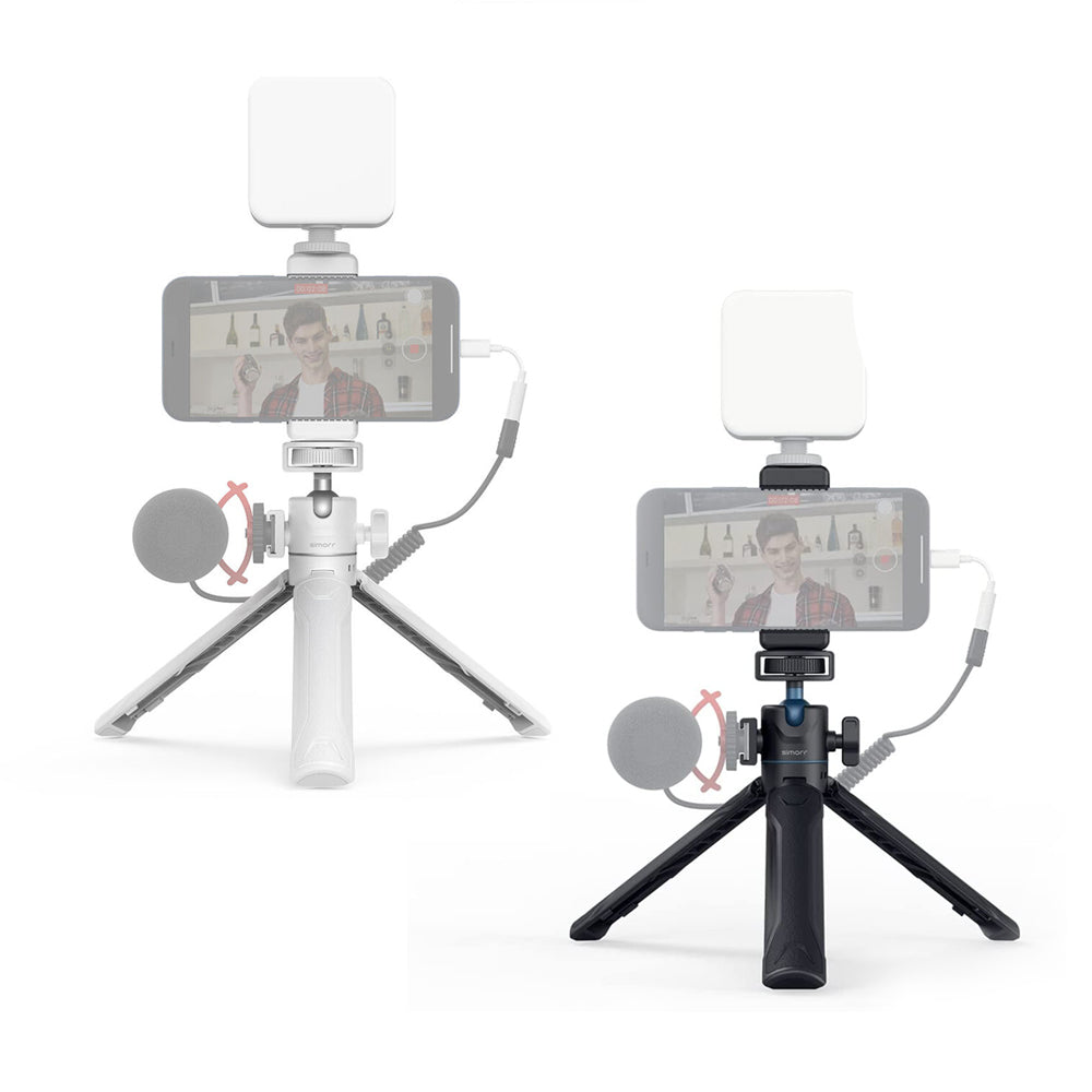 Simorr by SmallRig VK-25 Vlog Tripod Kit with 22" Maximum Extendable Height, Smartphone Clamp Phone Holder, 360 Degree Ball Head, Standard Cold Shoe Mount and Triple Leg Tabletop Setup for Smartphones (White, Black) | 3827 3828