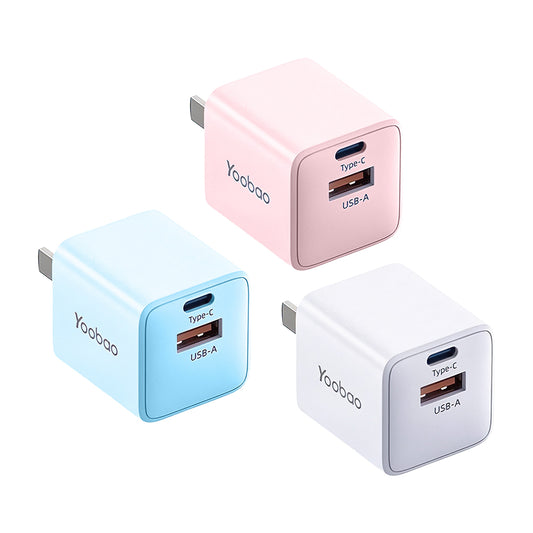 Yoobao YAD-C010A 33W GaN PD Super Fast Charging Adapter with Type C and USB A Port for Phone, Tablet, iPhone, Android - Blue, White, Pink
