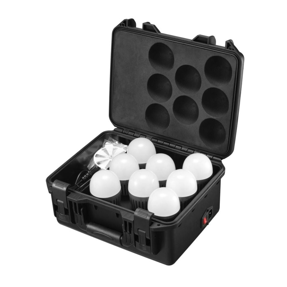 Godox C7R KNOWLED 8-Light RGBWW E26 / E27 Creative Bulb and Charging Case 2500K-5800K CRI 96+ / TLCI 97+ 2000-10000K CCT Round Cup Bouncer Diffusers, Bluetooth Control via Godox Light App, and Built-In Battery for Studio Lighting