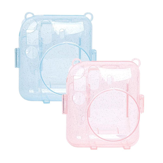Pikxi CM12 Fujifilm Instax Mini 12 3-in-1 DIY Protective Glitter Crystal Transparent Protective Camera Case Bag with Shoulder Strap, and Stickers - Blossom Pink, Pastel Blue