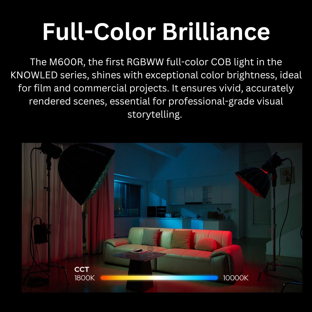 Godox M600R KNOWLED RGB LED COB Light 720W 1800K-10000K CCT CRI 96 / TLCI 96 with Bowens Mount Reflector and DMX, LumenRadio CRMX, Art-Net & sACN Ethernet, Bluetooth APP Wireless and Onboard Controls for Film Production and Studio Lighting