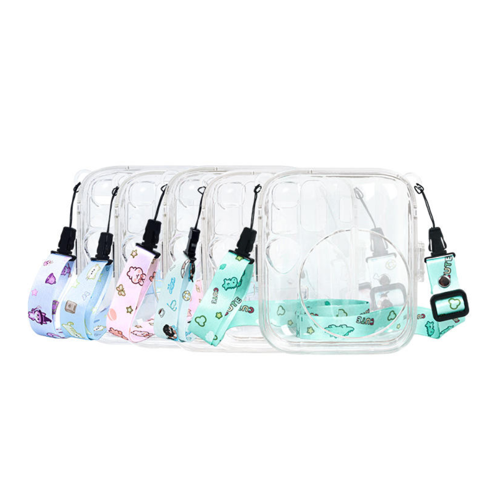 Pikxi Fujifilm Instax Mini 13 Transparent Clear Camera Case w/ Photo Pocket, Strap, & Stickers
